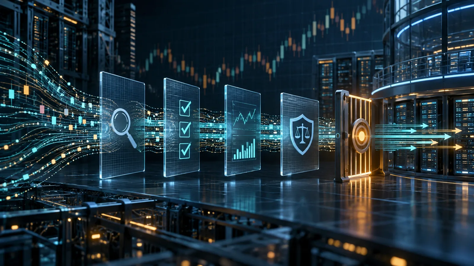 Ilustrasi fintech orisinal data trading algoritmik melewati gerbang pengujian, pemantauan, tata kelola, dan pengendalian risiko