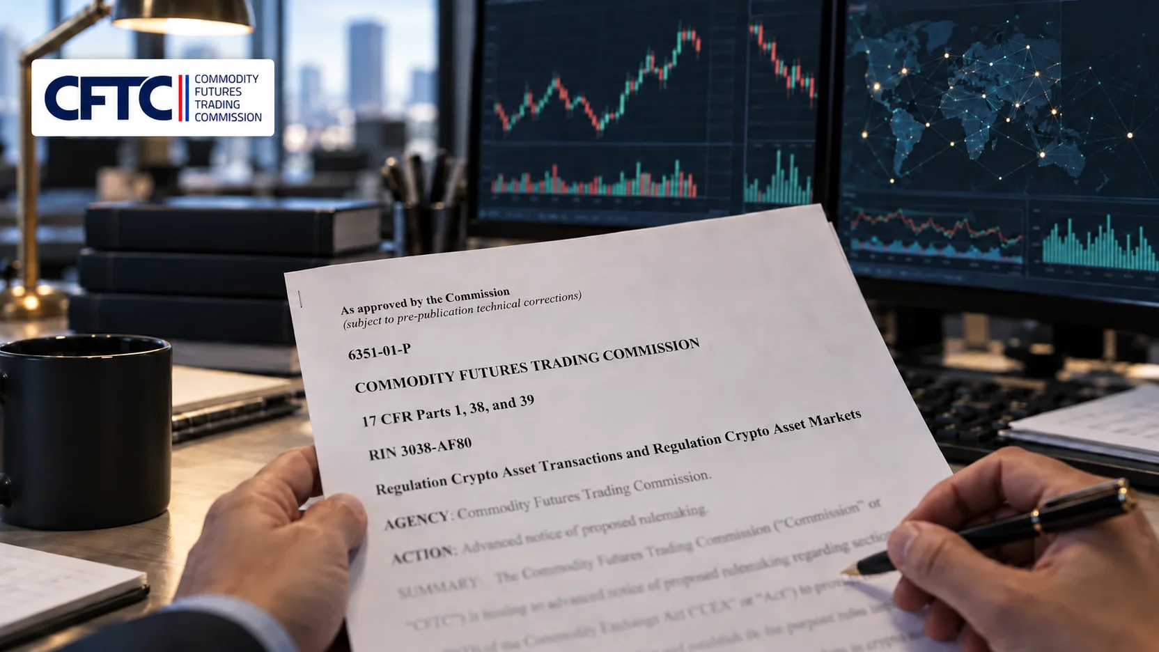The official CFTC horizontal wordmark and Commission-approved CTX/CAM advance notice on an institutional market-surveillance desk