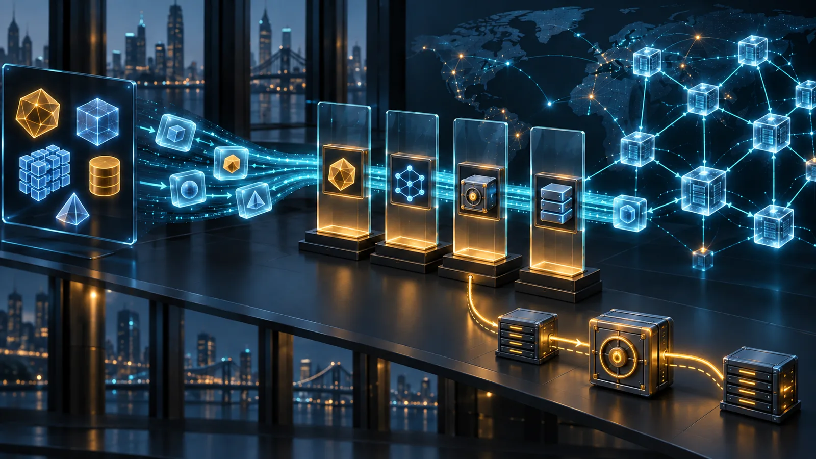 Ilustrasi fintech orisinal data aset abstrak melewati kontrol kelayakan, hak, kustodi, dan ketahanan menuju distributed ledger