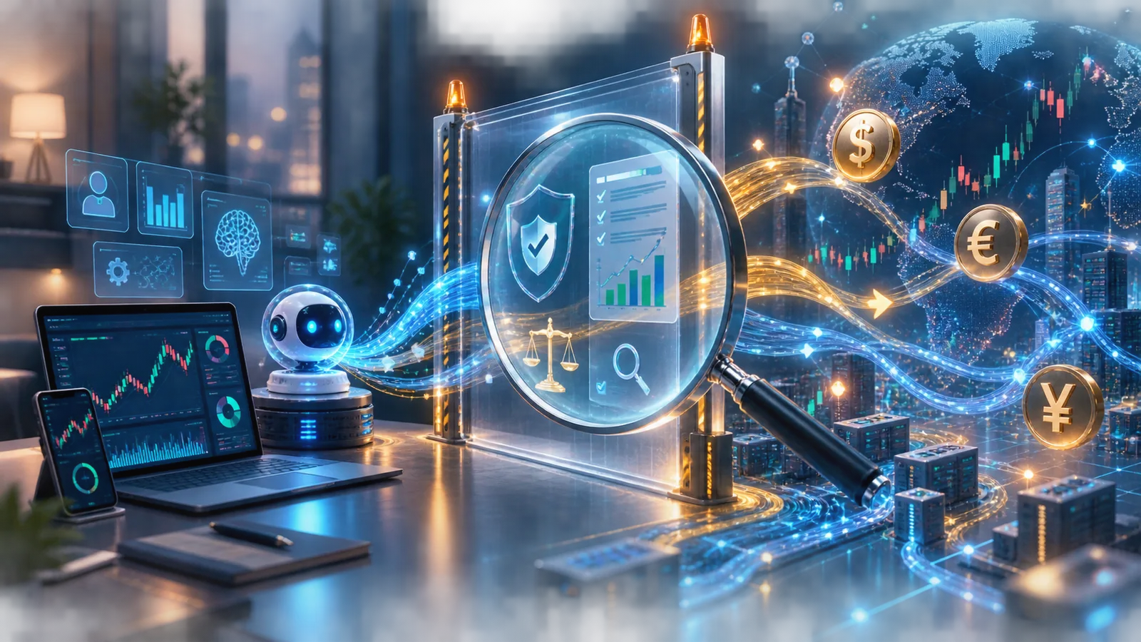 Minh họa tin tài chính trung lập kết nối thuật toán AI, biểu đồ forex và lá chắn tuân thủ dưới sự giám sát