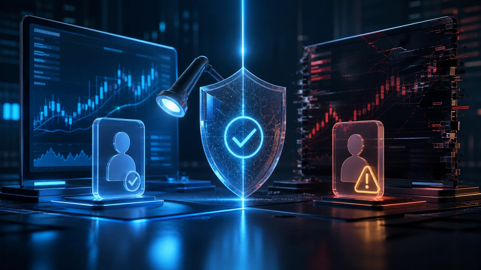 Ilustrasi peringatan regulator yang memisahkan portal trading asli dan klon dengan perisai verifikasi identitas