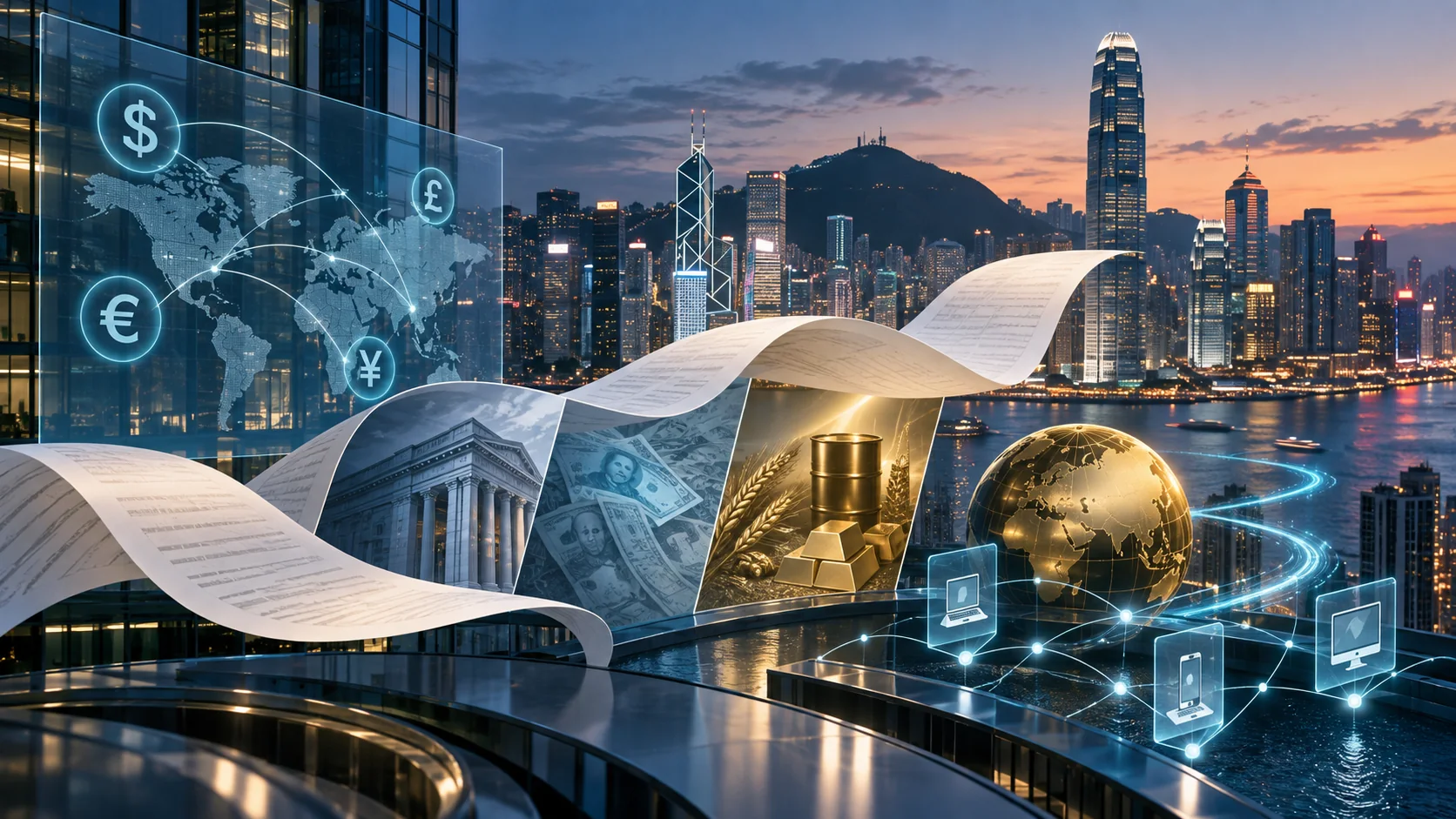 Editorial illustration of Hong Kong finance, currency networks, fixed-income ribbons, commodities and digital distribution nodes