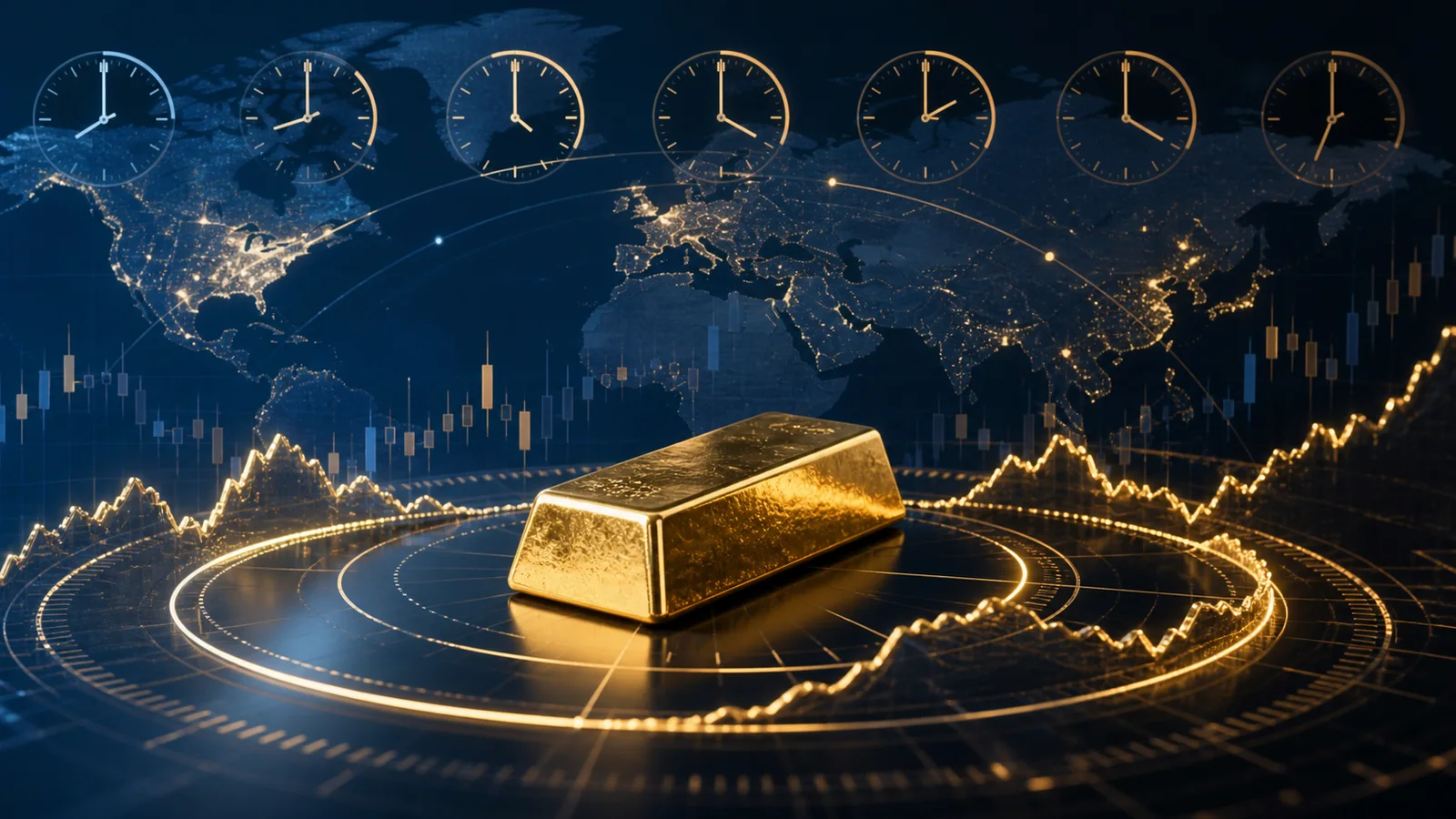 Editorial illustration of round-the-clock gold CFD trading across global time zones