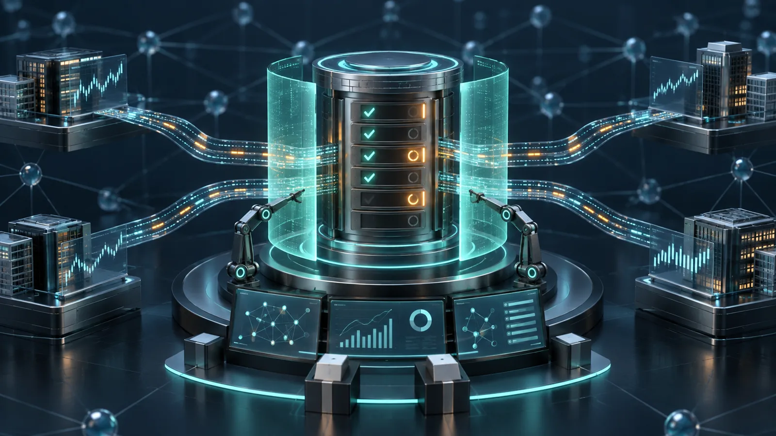 Ilustrasi orisinal jaringan trading OTC yang mengalir melalui pusat kontrol sistem teal dengan beberapa modul remediasi amber