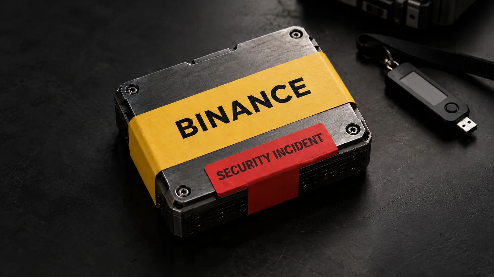 Conceptual editorial still life with Binance and Security Incident labels and a security token; not actual equipment or a scene from the incident.